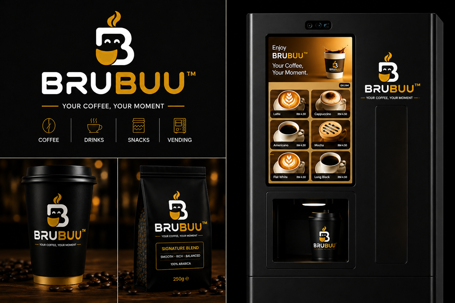 BRUBUU™ coffee branding, cups, packs and vending machine